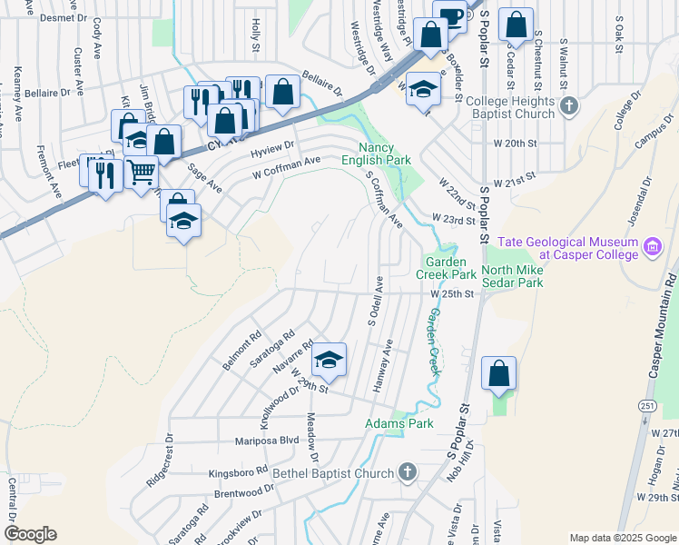 map of restaurants, bars, coffee shops, grocery stores, and more near 2504 Navarre Road in Casper