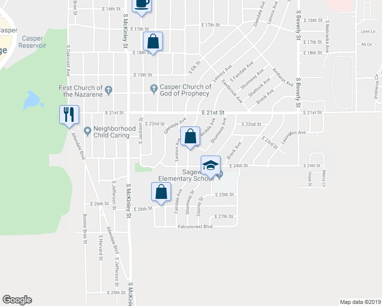 map of restaurants, bars, coffee shops, grocery stores, and more near 2301 South Fairdale Avenue in Casper