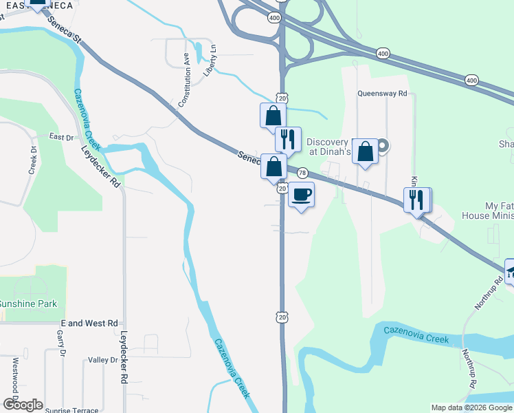 map of restaurants, bars, coffee shops, grocery stores, and more near 2132 Transit Road in Buffalo