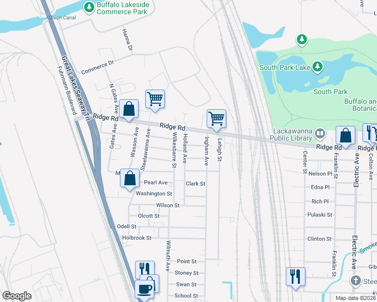 map of restaurants, bars, coffee shops, grocery stores, and more near 17 Eaton Street in Lackawanna