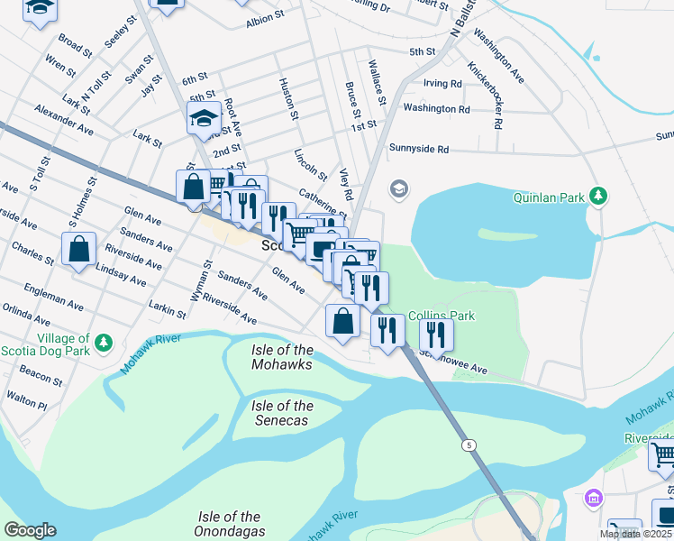 map of restaurants, bars, coffee shops, grocery stores, and more near 101 Mohawk Avenue in Scotia
