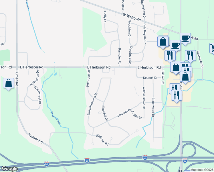 map of restaurants, bars, coffee shops, grocery stores, and more near 13179 Blaisdell Drive in DeWitt
