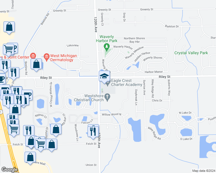 map of restaurants, bars, coffee shops, grocery stores, and more near 11950 Riley Street in Holland