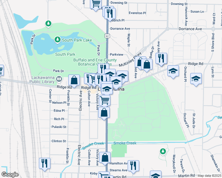 map of restaurants, bars, coffee shops, grocery stores, and more near in Lackawanna