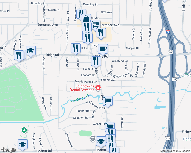 map of restaurants, bars, coffee shops, grocery stores, and more near 196 Meadowbrook Drive in Buffalo