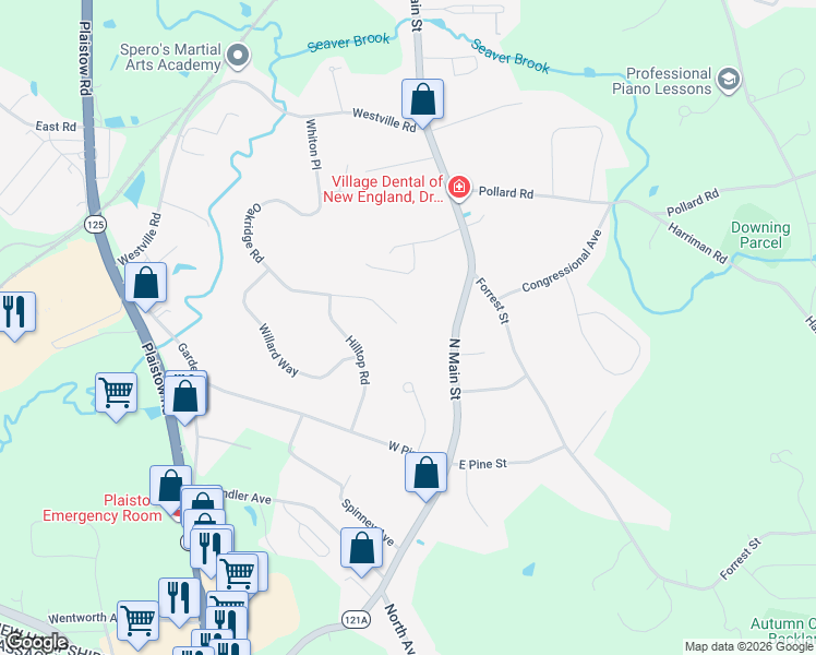 map of restaurants, bars, coffee shops, grocery stores, and more near 202 Oak Ridge Road in Plaistow
