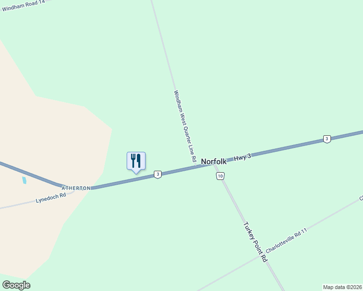 map of restaurants, bars, coffee shops, grocery stores, and more near 2357 Windham West Quarter Line Road in Simcoe