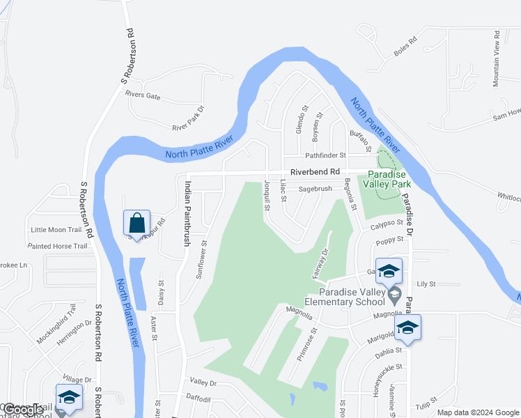 map of restaurants, bars, coffee shops, grocery stores, and more near 34 Jonquil Street in Casper