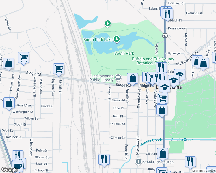 map of restaurants, bars, coffee shops, grocery stores, and more near 33 Center Street in Buffalo