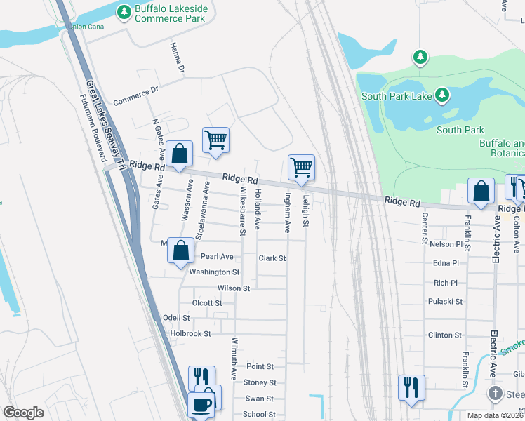 map of restaurants, bars, coffee shops, grocery stores, and more near 17 Eaton Street in Lackawanna