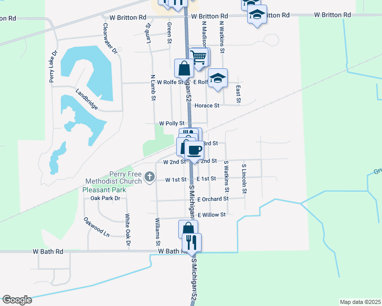 map of restaurants, bars, coffee shops, grocery stores, and more near 101 South Main Street in Perry