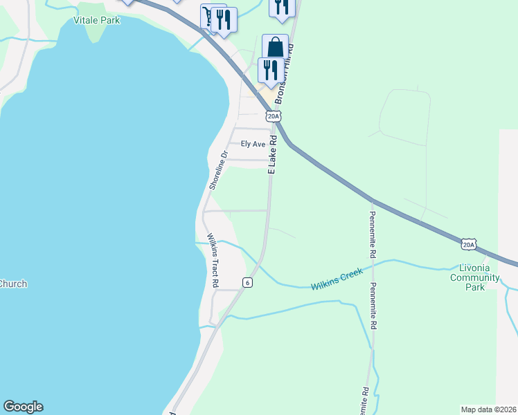 map of restaurants, bars, coffee shops, grocery stores, and more near 6073 Wilkins Tract Road in Livonia