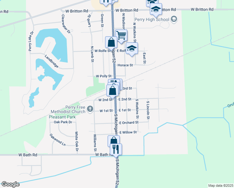 map of restaurants, bars, coffee shops, grocery stores, and more near 150 North Main Street in Perry