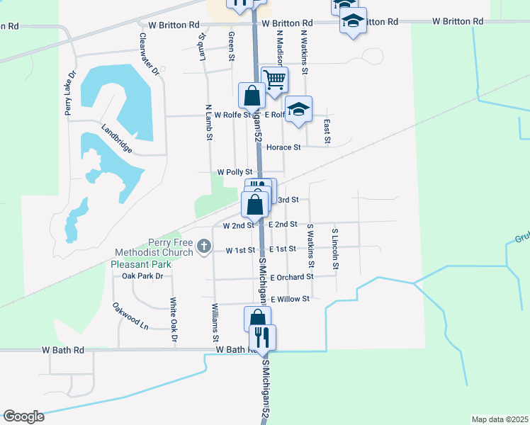 map of restaurants, bars, coffee shops, grocery stores, and more near 150 North Main Street in Perry