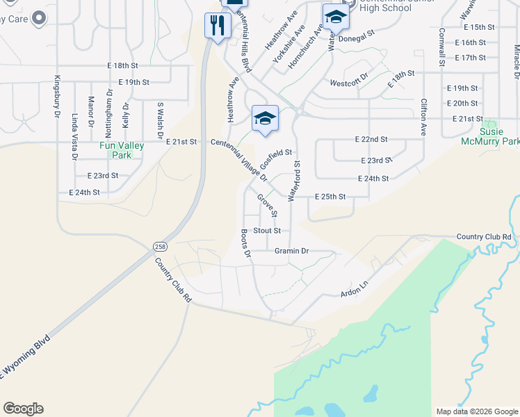 map of restaurants, bars, coffee shops, grocery stores, and more near Weston Street in Casper