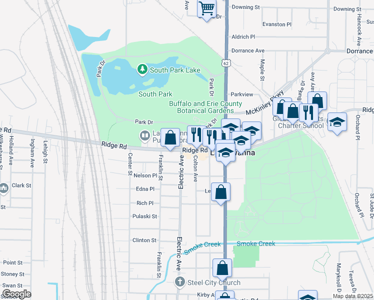 map of restaurants, bars, coffee shops, grocery stores, and more near 650 Ridge Road in Lackawanna