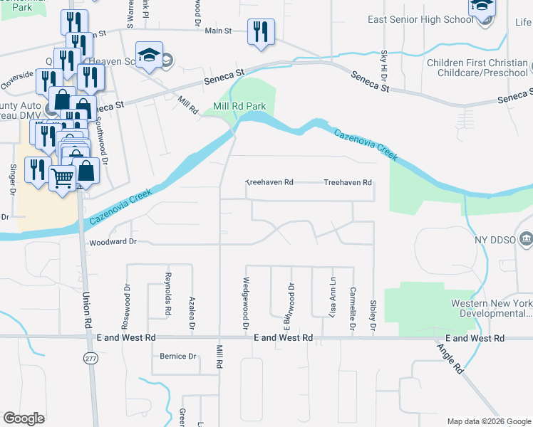 map of restaurants, bars, coffee shops, grocery stores, and more near 14 Treehaven Road in West Seneca