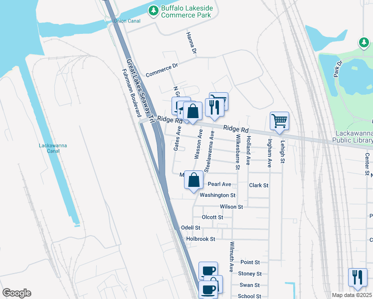 map of restaurants, bars, coffee shops, grocery stores, and more near 23 Church Street in Lackawanna