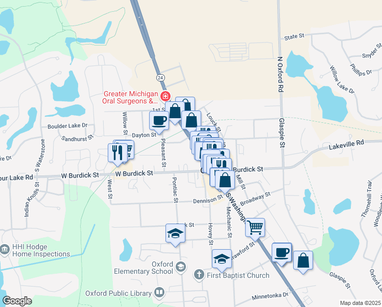 map of restaurants, bars, coffee shops, grocery stores, and more near 39 North Washington Street in Oakland County
