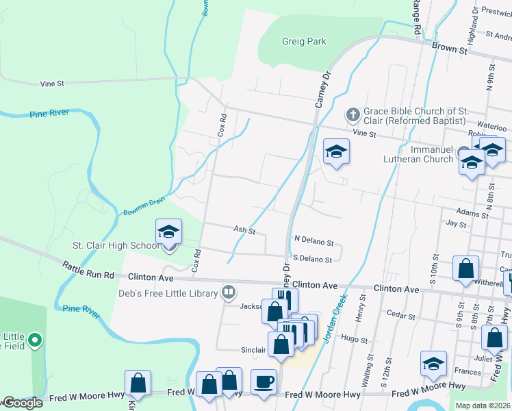 map of restaurants, bars, coffee shops, grocery stores, and more near 1927 Woodland Estates Drive in Saint Clair