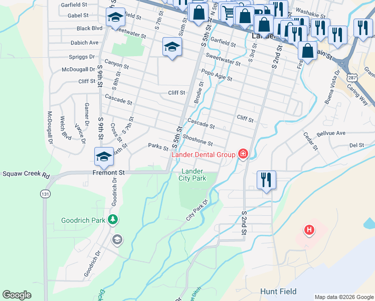 map of restaurants, bars, coffee shops, grocery stores, and more near 525 Shoshone Street in Lander