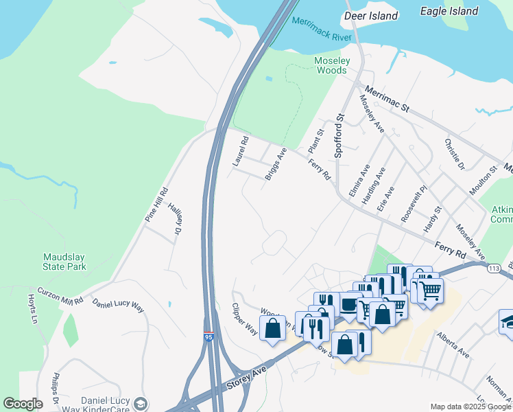 map of restaurants, bars, coffee shops, grocery stores, and more near 15 Briggs Avenue in Newburyport