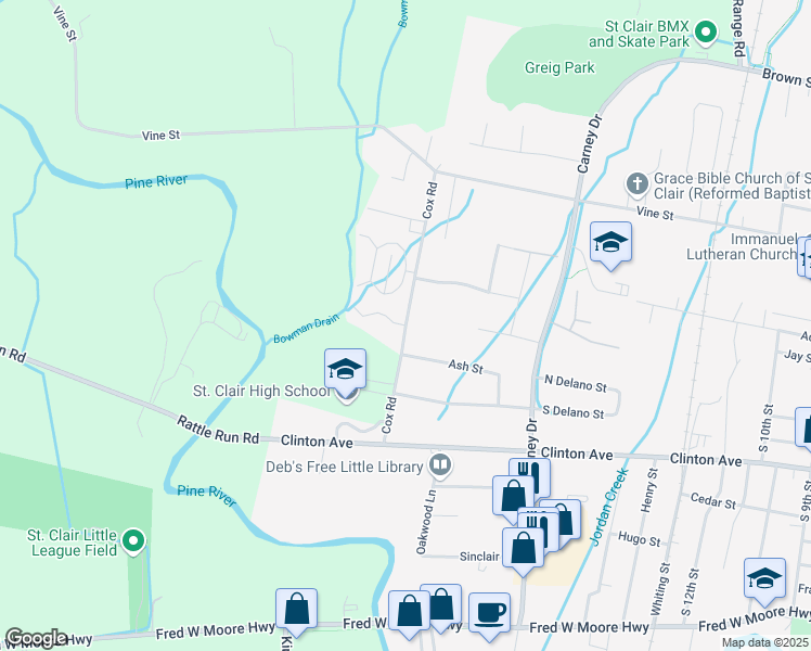 map of restaurants, bars, coffee shops, grocery stores, and more near 2041 Riverview Drive in Saint Clair