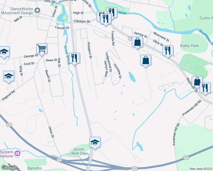 map of restaurants, bars, coffee shops, grocery stores, and more near 13 Memory Lane in Milford