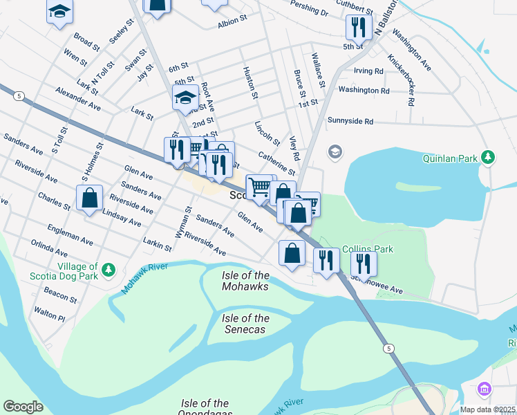 map of restaurants, bars, coffee shops, grocery stores, and more near 131 Mohawk Avenue in Scotia