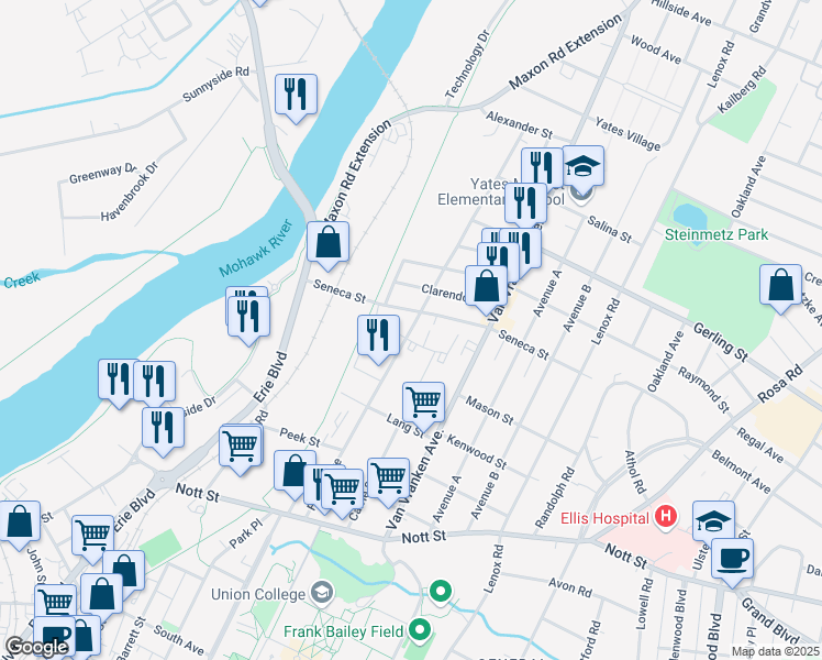 map of restaurants, bars, coffee shops, grocery stores, and more near 1731 Foster Avenue in Schenectady
