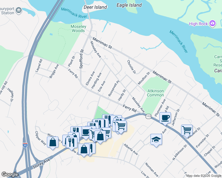 map of restaurants, bars, coffee shops, grocery stores, and more near 6 Roosevelt Place in Newburyport