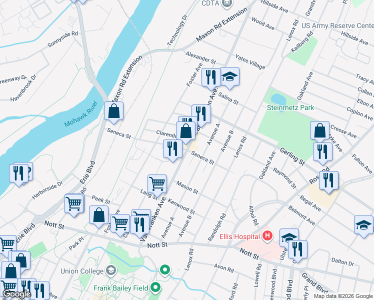 map of restaurants, bars, coffee shops, grocery stores, and more near Van Vranken Avenue & Seneca Street in Schenectady
