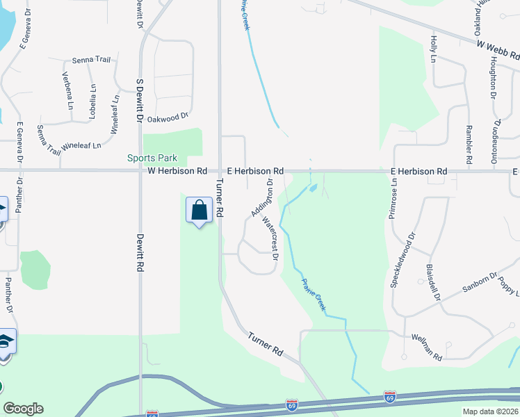 map of restaurants, bars, coffee shops, grocery stores, and more near 13143 Addington Drive in DeWitt