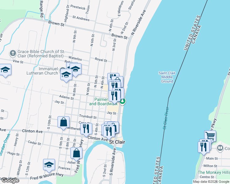 map of restaurants, bars, coffee shops, grocery stores, and more near 201 North Riverside Avenue in Saint Clair