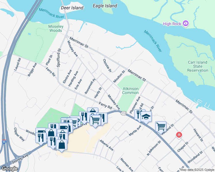 map of restaurants, bars, coffee shops, grocery stores, and more near 11 Cushing Avenue in Newburyport