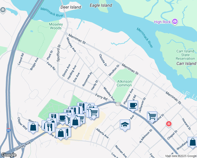 map of restaurants, bars, coffee shops, grocery stores, and more near 31 Moseley Avenue in Newburyport