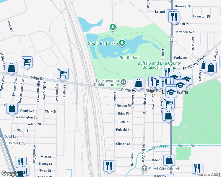 map of restaurants, bars, coffee shops, grocery stores, and more near in Lackawanna
