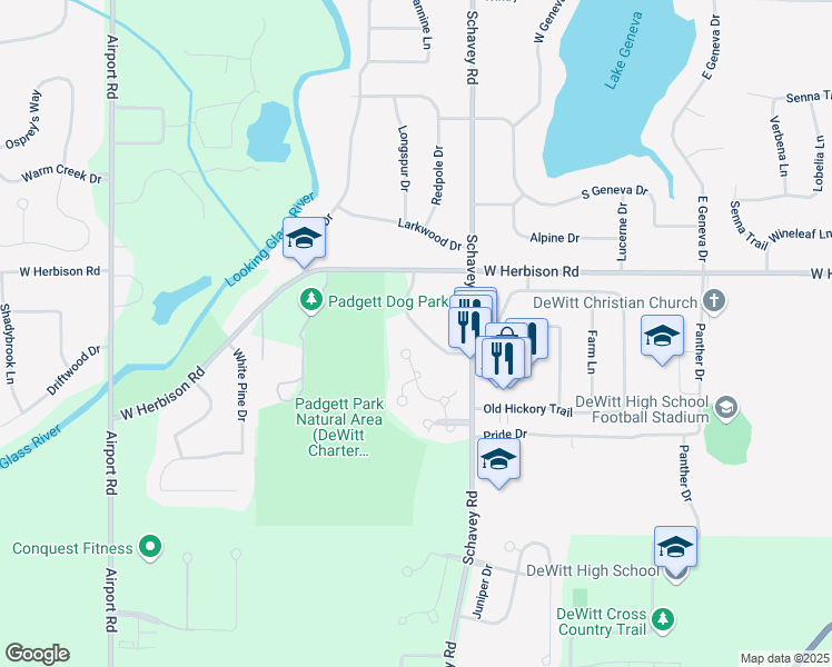 map of restaurants, bars, coffee shops, grocery stores, and more near 13049 Apple Tree Lane in DeWitt