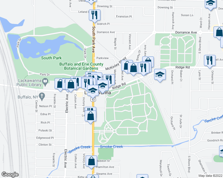 map of restaurants, bars, coffee shops, grocery stores, and more near 808 Ridge Road in Lackawanna
