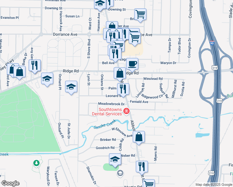 map of restaurants, bars, coffee shops, grocery stores, and more near 83 Palm Street in Buffalo