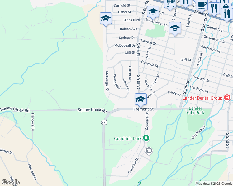 map of restaurants, bars, coffee shops, grocery stores, and more near 811 Welch Boulevard in Lander
