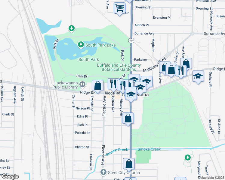 map of restaurants, bars, coffee shops, grocery stores, and more near 57 Nason Parkway in Lackawanna