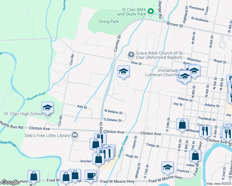 map of restaurants, bars, coffee shops, grocery stores, and more near 106 South Carney Drive in Saint Clair
