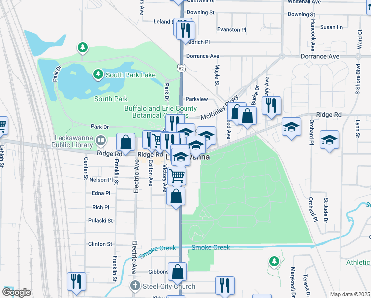 map of restaurants, bars, coffee shops, grocery stores, and more near 650 Ridge Road in Lackawanna