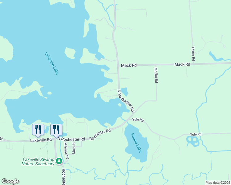 map of restaurants, bars, coffee shops, grocery stores, and more near 1823 Rochester Road in Leonard