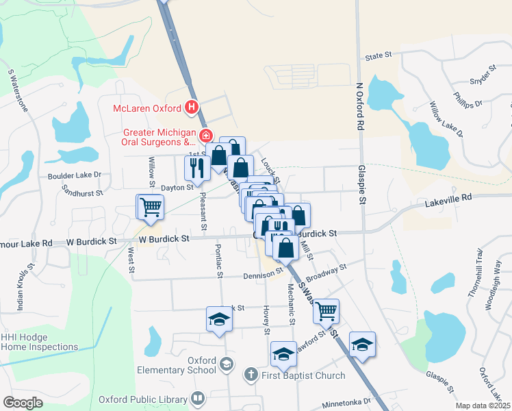 map of restaurants, bars, coffee shops, grocery stores, and more near 60 North Washington Street in Oakland County