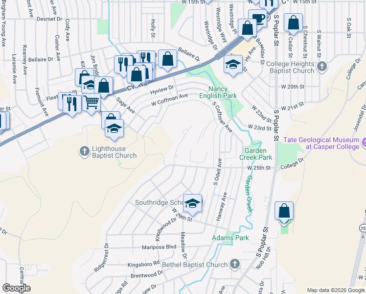 map of restaurants, bars, coffee shops, grocery stores, and more near 2200-2498 Belmont Rd in Casper