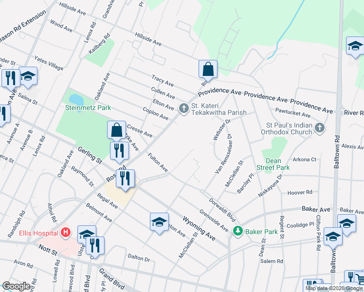 map of restaurants, bars, coffee shops, grocery stores, and more near 2150 Rosa Road in Schenectady