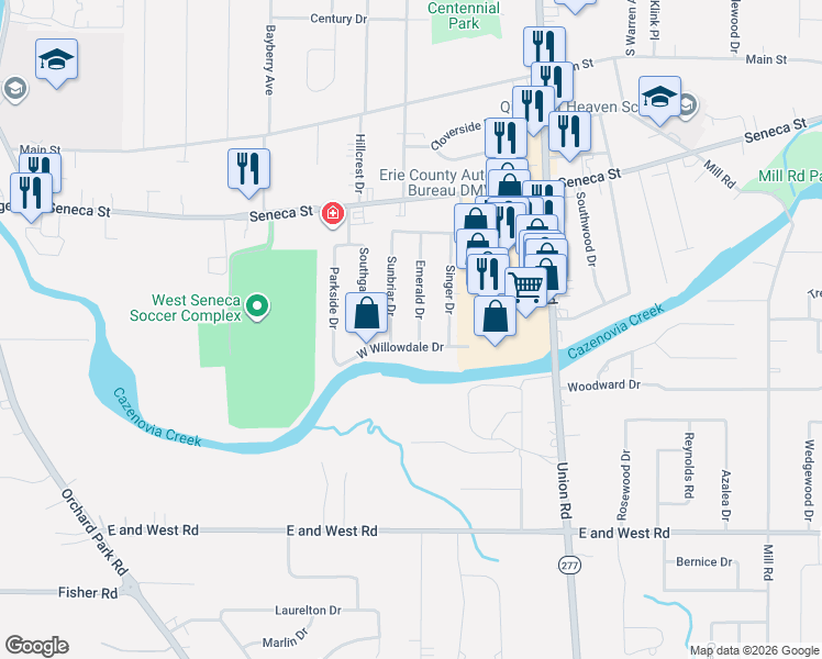 map of restaurants, bars, coffee shops, grocery stores, and more near 32 Emerald Drive in Buffalo