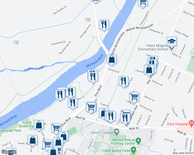map of restaurants, bars, coffee shops, grocery stores, and more near 220 Harborside Drive in Schenectady